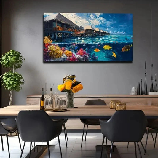 Tropical Beach Villa Wall Art Canvas Office Home Room Framed 80x45cm