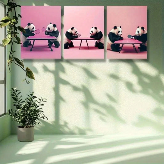 3pcs Adorable Panda Table Tennis Set Metal Print Ready to Hang Art