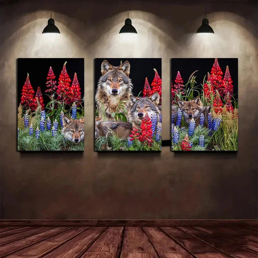 3pcs Wolf Family Mother Wolf and Cubs Metal Print Ready to Hang Art