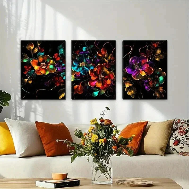 3pcs Colorful Blooming Flowers on Black Perfect Wall Art Set Canvas Framed 40x60cm - High Quality Print 100% Australian Made Wall Canvas Ready to Hang
