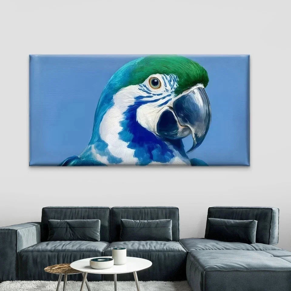 Blue Green Parrot Bird Wall Art Canvas Office Home Room Framed 80x45cm