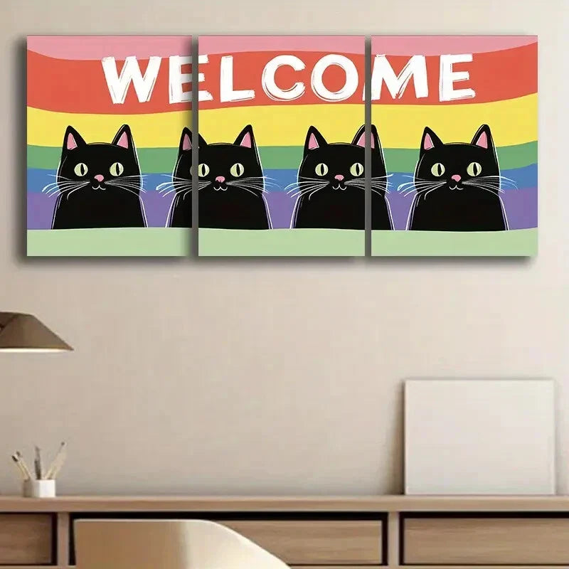 3pcs Welcome Kitty Design Colorful Cute Wall Art Set Canvas Framed 40x60cm - High Quality Print 100% Australian Made Wall Canvas Ready to Hang