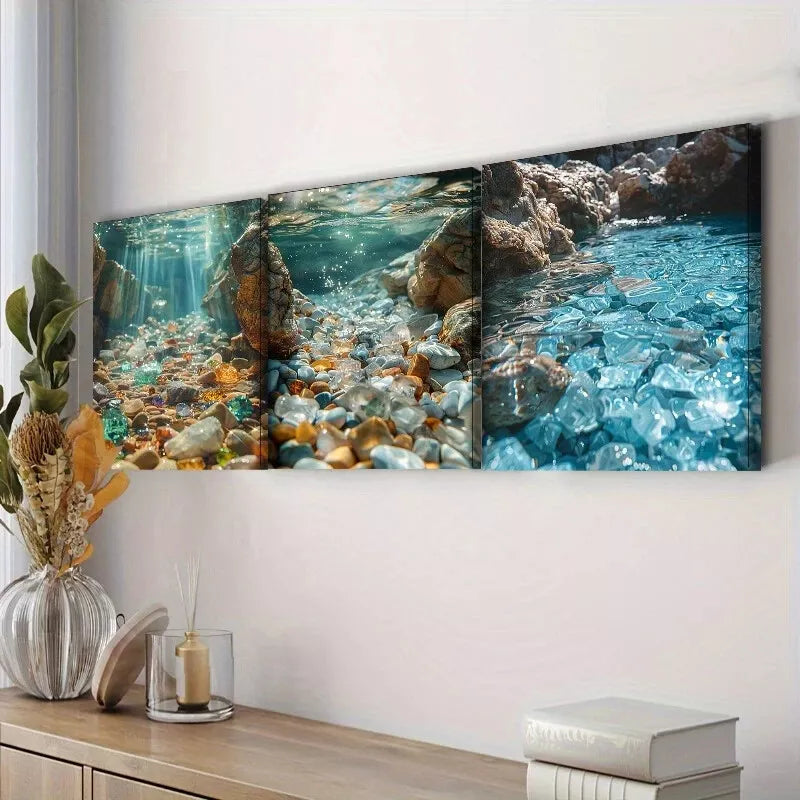 3pcs Art Deco Modern Water Gem Theme, Wall Art Set Canvas Framed 40x60cm - High Quality Print 100% Australian Made Wall Canvas Ready to Hang