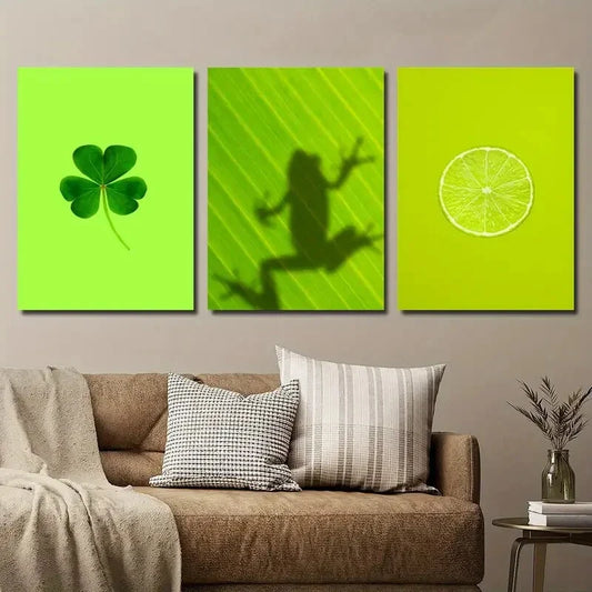 3pcs Simple Clover Frog And Lemon Slice Metal Print Ready to Hang Art