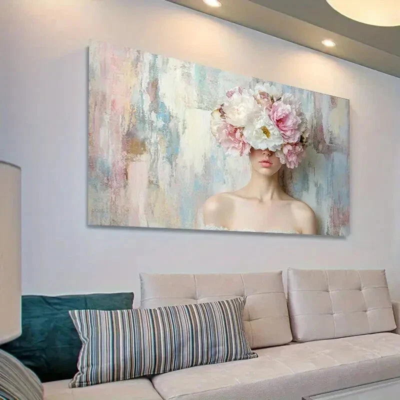 Floral Veil Woman Peony Modern Wall Art Canvas Office Home Room Framed 80x45cm
