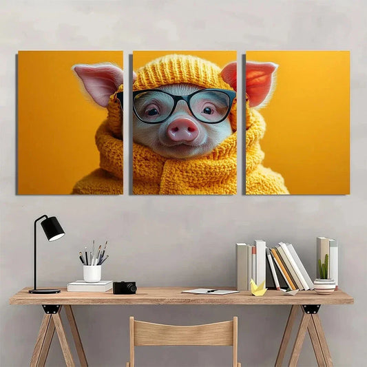 3pcs Whimsical Vibrant Animal Pig Glasses Colorful Metal Print Ready to Hang Art