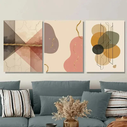 3pcs Modern Abstract Geometric Shapes & Golden Wall Art Set Canvas Framed 40x60cm - High Quality Print 100% Australian Made Wall Canvas Ready to Hang