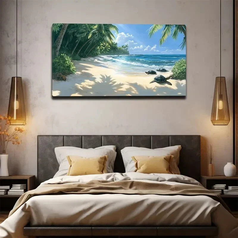 Beach Scene with Palm Trees Wall Art canvas office home room framed 120x60cm