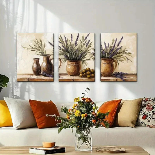 3pcs Tranquil Lavender in Rustic Vases Perfect Wall Art Set Canvas Framed 40x60cm - High Quality Print 100% Australian Made Wall Canvas Ready to Hang