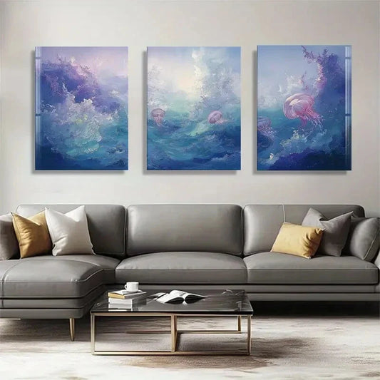 3pcs Underwater Jellyfish Vibrant Ocean Perfect Wall Art Set Canvas Framed 40x60cm - High Quality Print 100% Australian Made Wall Canvas Ready to Hang