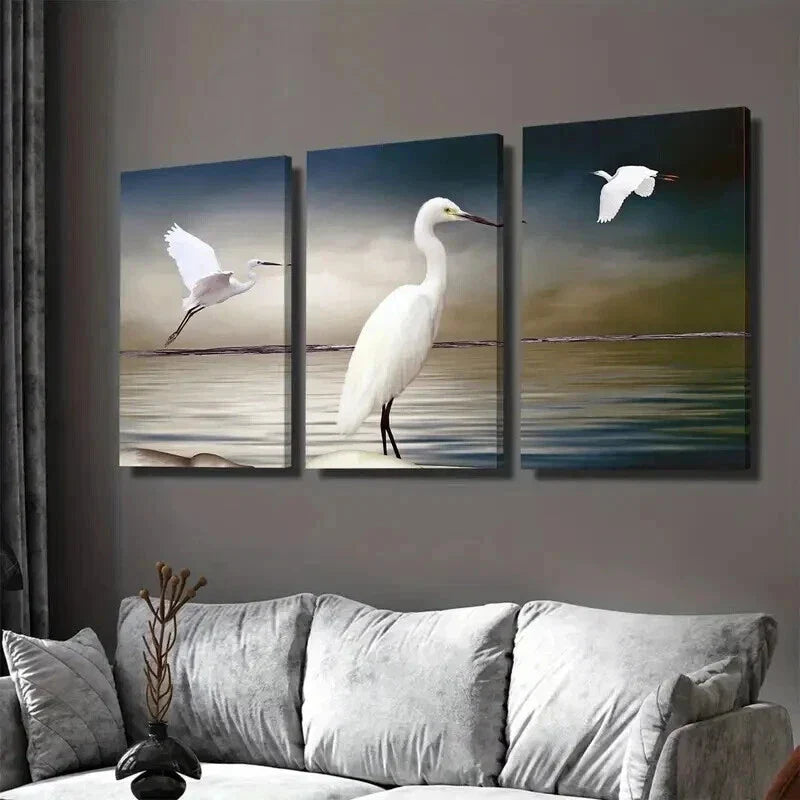 3pcs White Egret Triptych Paintings Wall Art Set Canvas Framed 40x60cm - High Quality Print 100% Australian Made Wall Canvas Ready to Hang