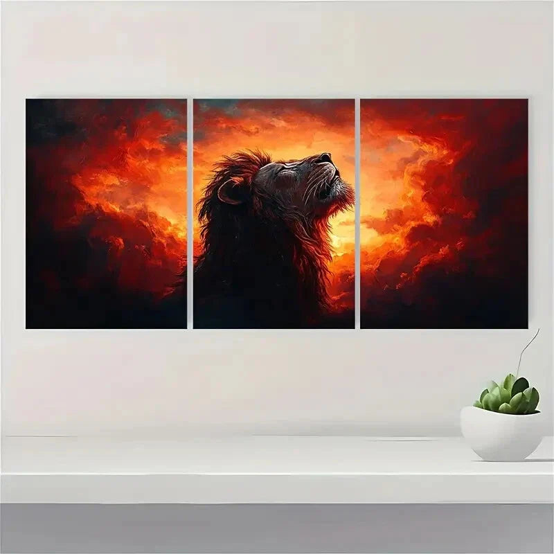3pcs Lion Of Judah Painting Golden Metal Print Ready to Hang Art