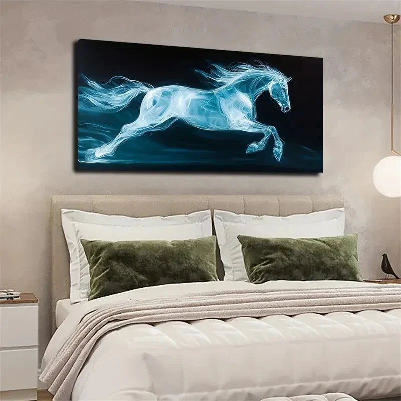 Dynamic Blue Horse Swirling Wall Art Canvas Office Home Room Framed 120x60cm
