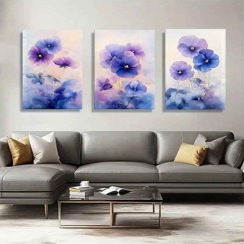 3pcs Pansies with Soft Hues of Lavender and Blue Wall Art Set Canvas Framed 40x60cm - High Quality Print 100% Australian Made Wall Canvas Ready to Hang
