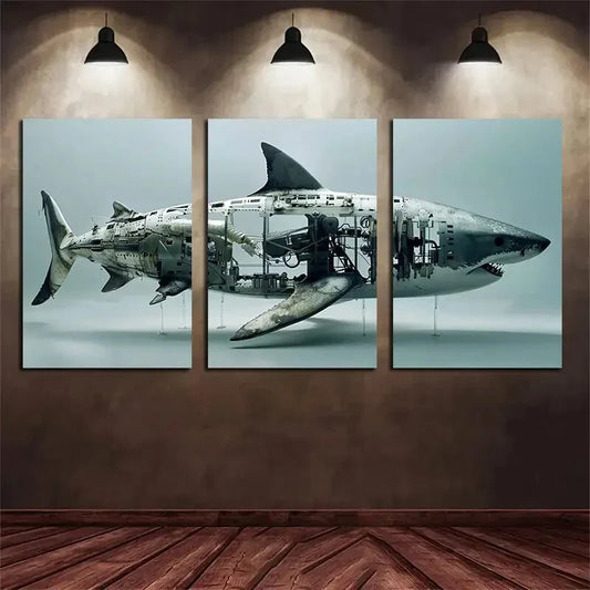 3pcs Mechanical Shark Design Blue Metal Print Ready to Hang Art