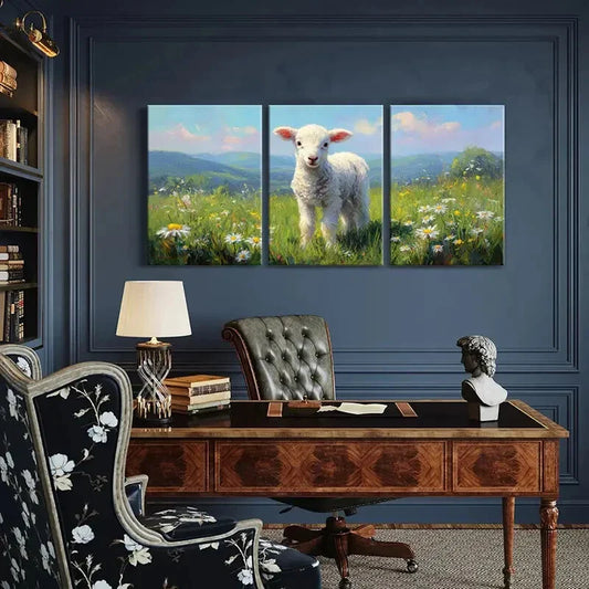 3pcs Lamb in Blossoming Meadow Pastoral Scene Metal Print Ready to Hang Art