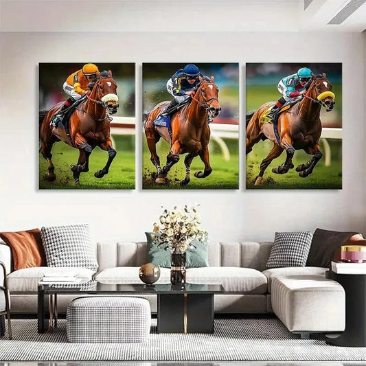 3pcs Dynamic Race Horses Action Sport Perfect Wall Art Set Canvas Framed 40x60cm - High Quality Print 100% Australian Made Wall Canvas Ready to Hang