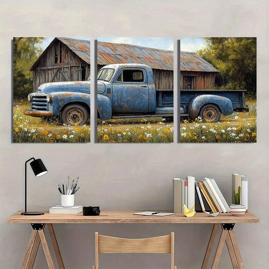 3pcs Vintage Blue Farmhouse Truck & Barn Flowers Metal Print Ready to Hang Art
