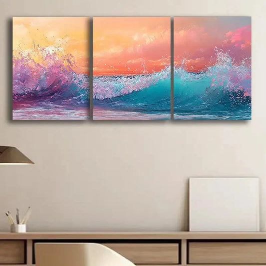 3pcs Colorful Beauty Ocean Waves at Sunset Water Wall Art Set Canvas Framed 40x60cm - High Quality Print 100% Australian Made Wall Canvas Ready to Hang