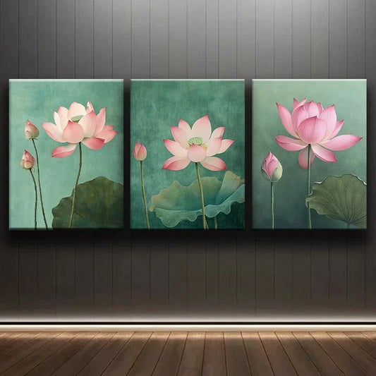 3pcs Pink Lotus Flowers Green Leaves Metal Print Ready to Hang Art