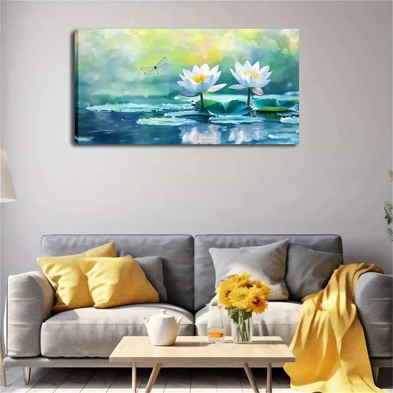 Two White Water Lilies & Dragon Wall Art Canvas Office Home Room Framed 80x45cm