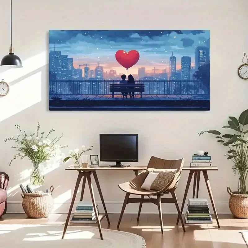 Romantic Cityscape Love Night Wall Art Canvas Office Home Room Framed 120x60cm