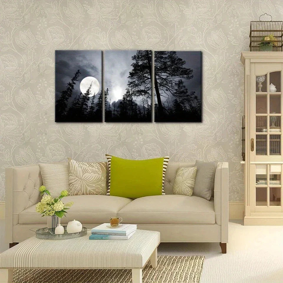 3pcs Dark Forest Night Full Moon Metal Print Ready to Hang Art