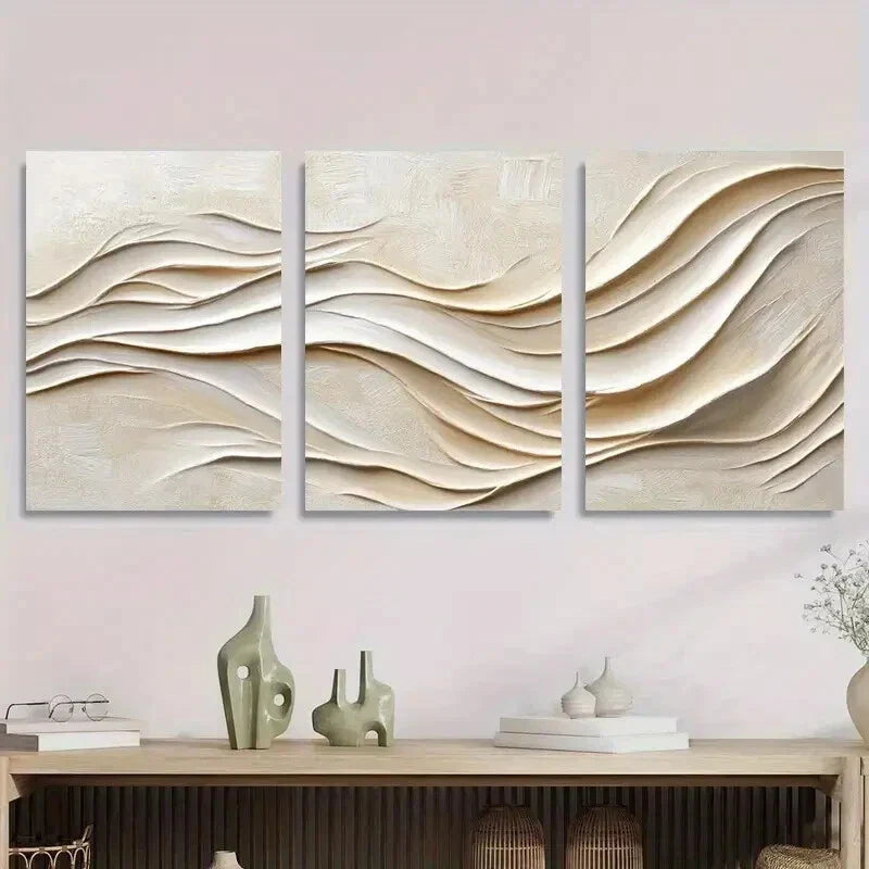 3pcs Abstract Beige Textured Contemporary Metal Print Ready to Hang Art