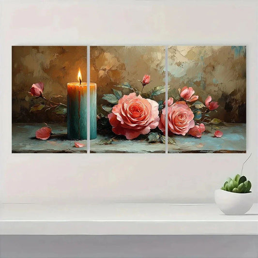 3pcs Serene Candle & Blooming Roses Metal Print Ready to Hang Art