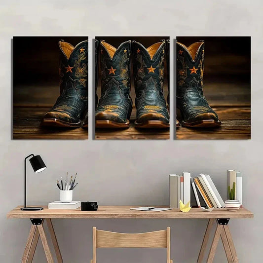 3pcs Retro Cowboy Boots Golden Accents Metal Print Ready to Hang Art