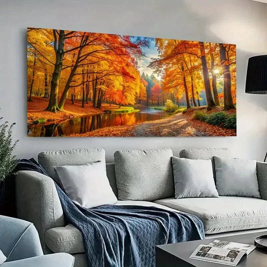Vibrant Multicolor Trees River Wall Art Canvas Office Home Room Framed 120x60cm