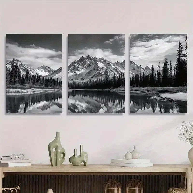3pcs Black and White Mountain Landscape Metal Print Ready to Hang Art