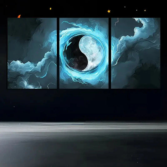 3pcs Yin Yang Elemental Forces Abstract Swirling Metal Print Ready to Hang Art