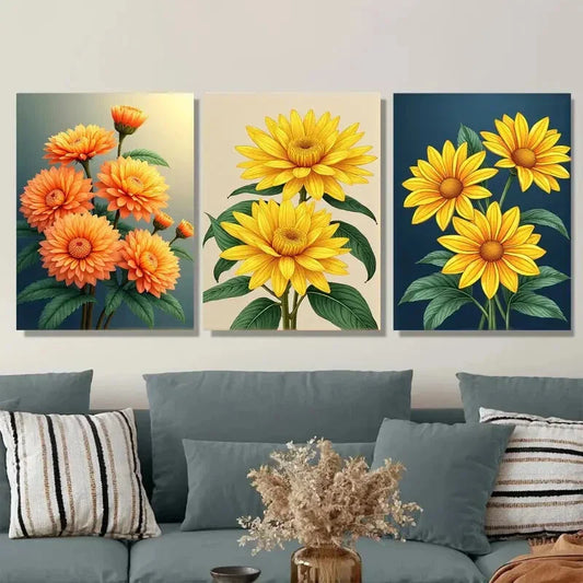3pcs Vibrant Sunflower Orange Floral Dark Blue Wall Art Set Canvas Framed 40x60cm - High Quality Print 100% Australian Made Wall Canvas Ready to Hang