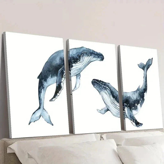 3pcs Blue Nautical Marine Life Whale Decor Wall Art Set Canvas Framed 40x60cm - High Quality Print 100% Australian Made Wall Canvas Ready to Hang