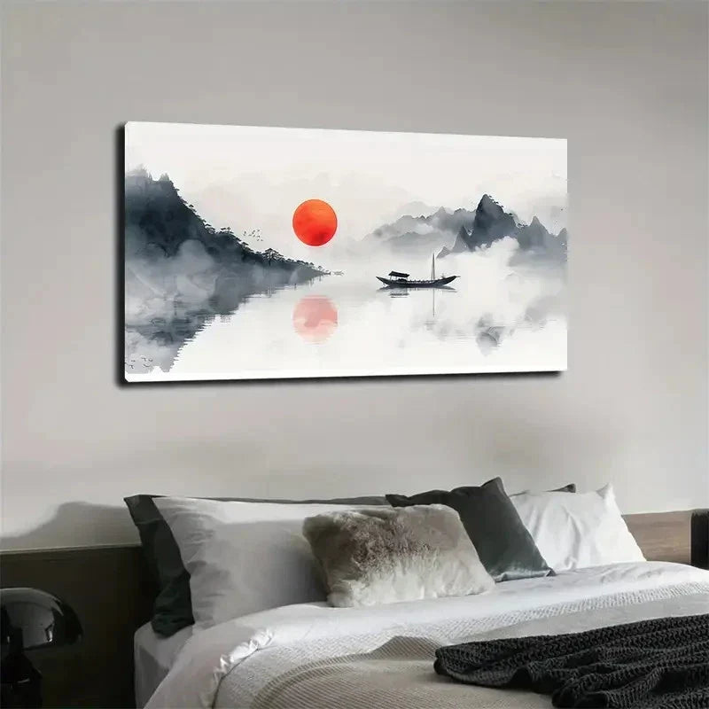 Chinese Landscape Lake Wall Art Canvas Office Home Room Framed 80x45cm