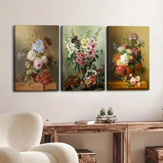 3pcs Retro Vintage Oil Paint Style Flowers Lion Wall Art Set Canvas Framed 40x60cm - High Quality Print 100% Australian Made Wall Canvas Ready to Hang