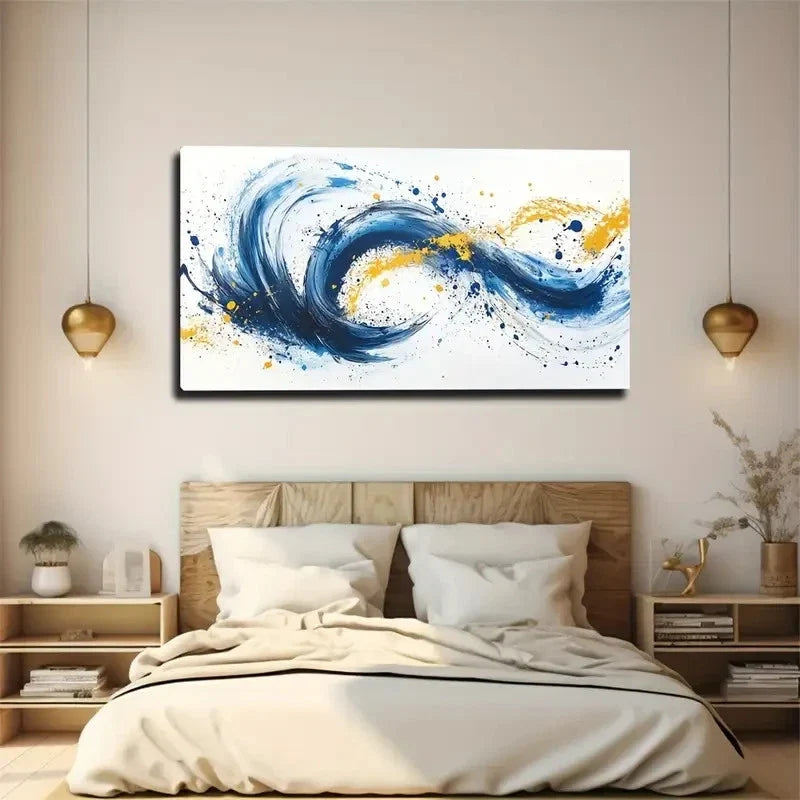 Blue Golden Swirling Abstract Wall Art Canvas Office Home Room Framed 120x60cm
