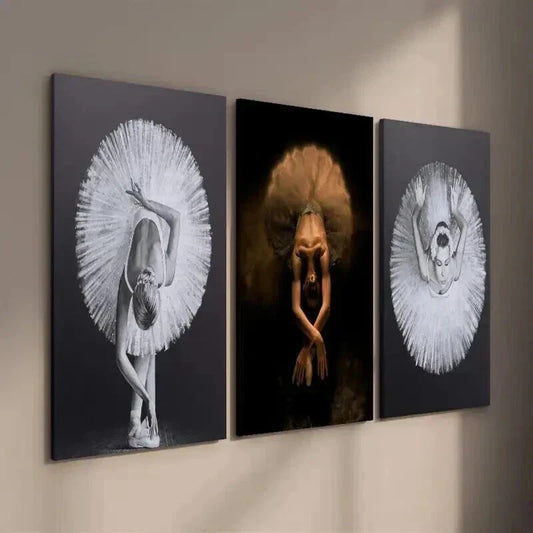 3pcs Graceful Ballerinas in Black White & Gold Wall Art Set Canvas Framed 40x60cm - High Quality Print 100% Australian Made Wall Canvas Ready to Hang