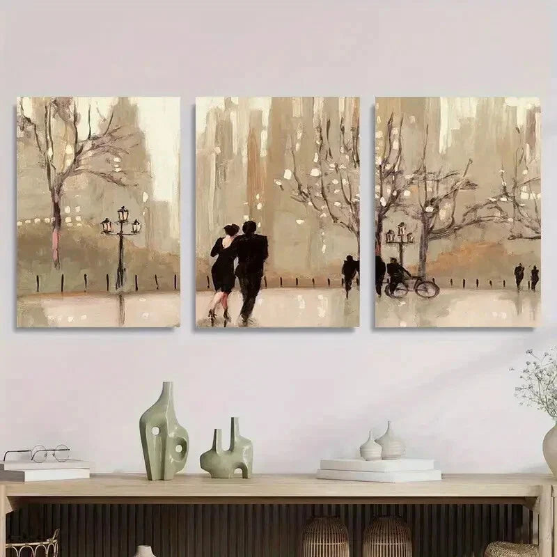 3pcs Couple Walking in the Park, Abstract Elegant Metal Print Ready to Hang Art