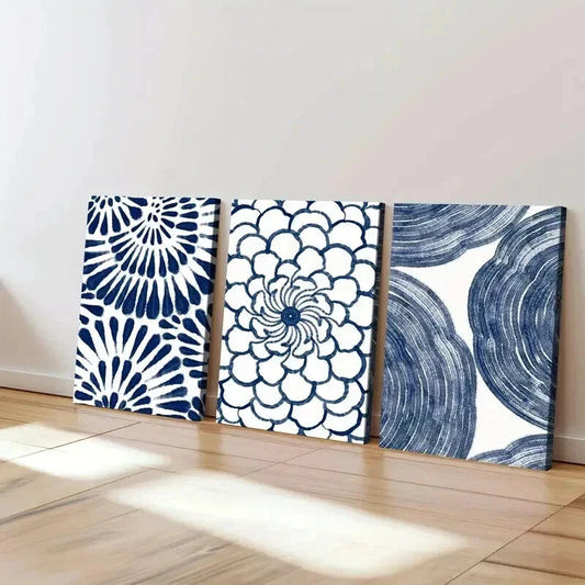 3pcs Abstract Geometric Navy Blue Floral Design Wall Art Set Canvas Framed 40x60cm - High Quality Print 100% Australian Made Wall Canvas Ready to Hang