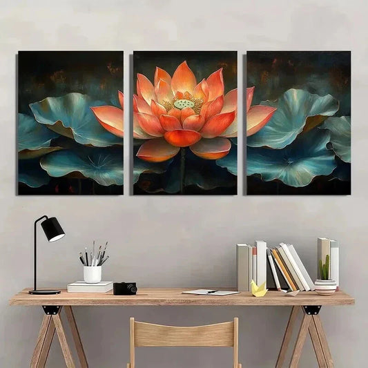3pcs Pink Lotus Flower with Leaves Design Wall Art Set Canvas Framed 40x60cm - High Quality Print 100% Australian Made Wall Canvas Ready to Hang