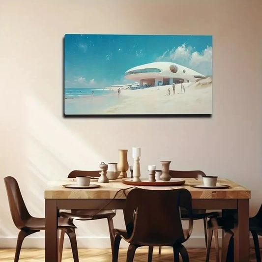 Serene Beachscape Modern Wall Art Canvas Office Home Room Framed 80x45cm