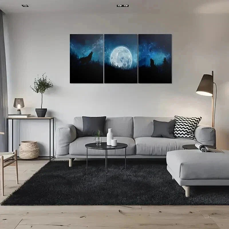 3pcs Wolf Howling at the Moon Blue Tones Night Wall Art Set Canvas Framed 40x60cm - High Quality Print 100% Australian Made Wall Canvas Ready to Hang