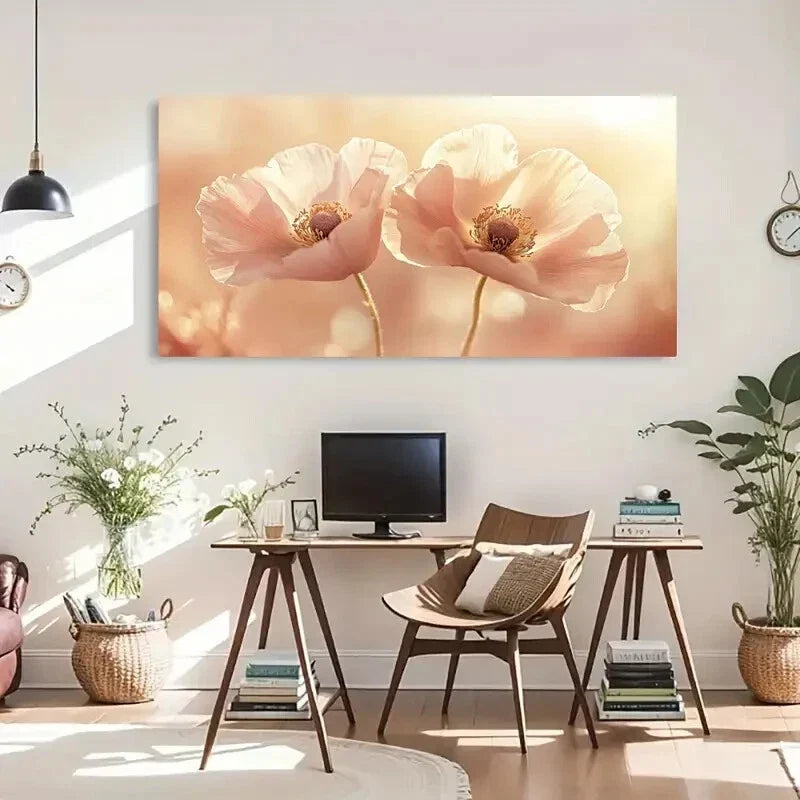 Pink Poppies Floral Pastel Wall Art Canvas Office Home Room Framed 120x60cm