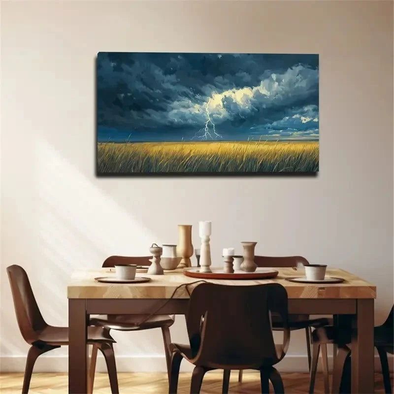 Lightning Prairie Dramatic Sky Wall Art Canvas Office Home Room Framed 120x60cm