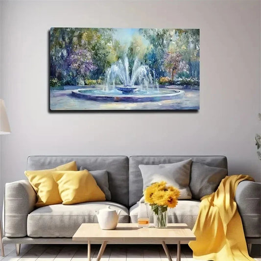 Deco Fountain Garden Purple Wall Art Canvas Office Home Room Framed 120x60cm