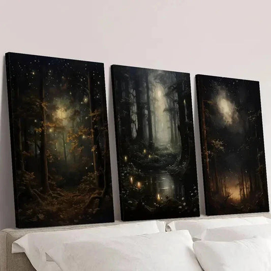 3pcs Gothic Night Sky & Mysterious Woodland Wall Art Set Canvas Framed 40x60cm - High Quality Print 100% Australian Made Wall Canvas Ready to Hang
