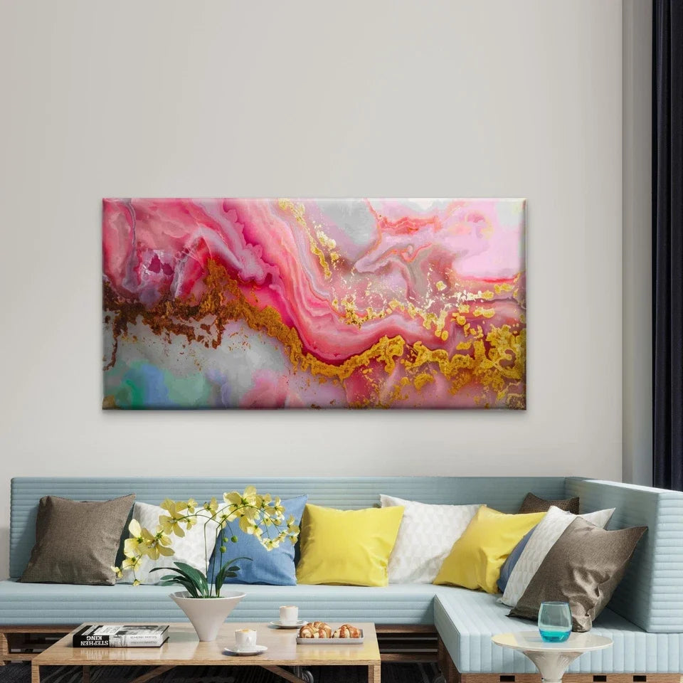 Pink And Gold Swirl Abstract Wall Art Canvas Office Home Room Framed 80x45cm