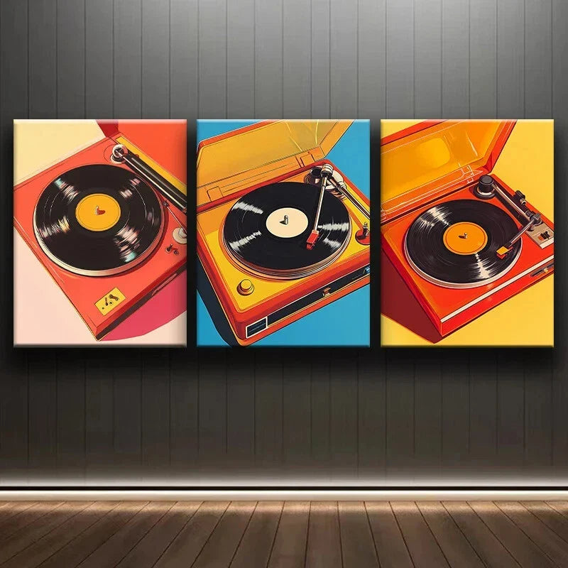 3pcs Vinyl Record Player Retro Style Metal Print Ready to Hang Art